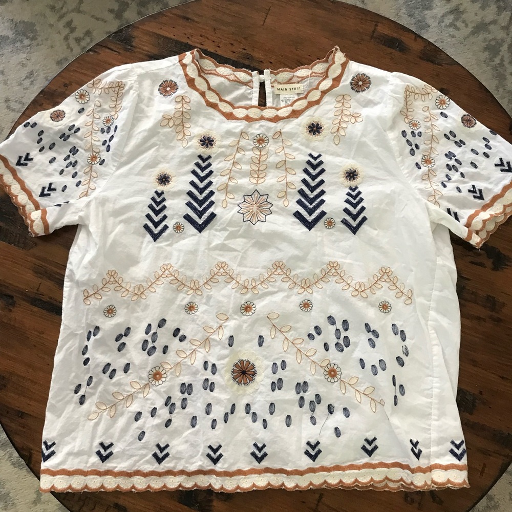 Main Strip White Embroidered Short Sleeve Blouse with Navy & Tan Accents